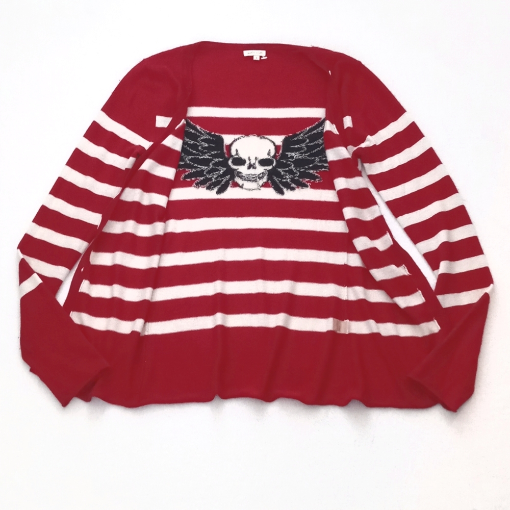 *Relisted* Cashmere & Silk Red White Stripe Long Sleeve Cardigan Skull on Back S - Picture 14 of 14